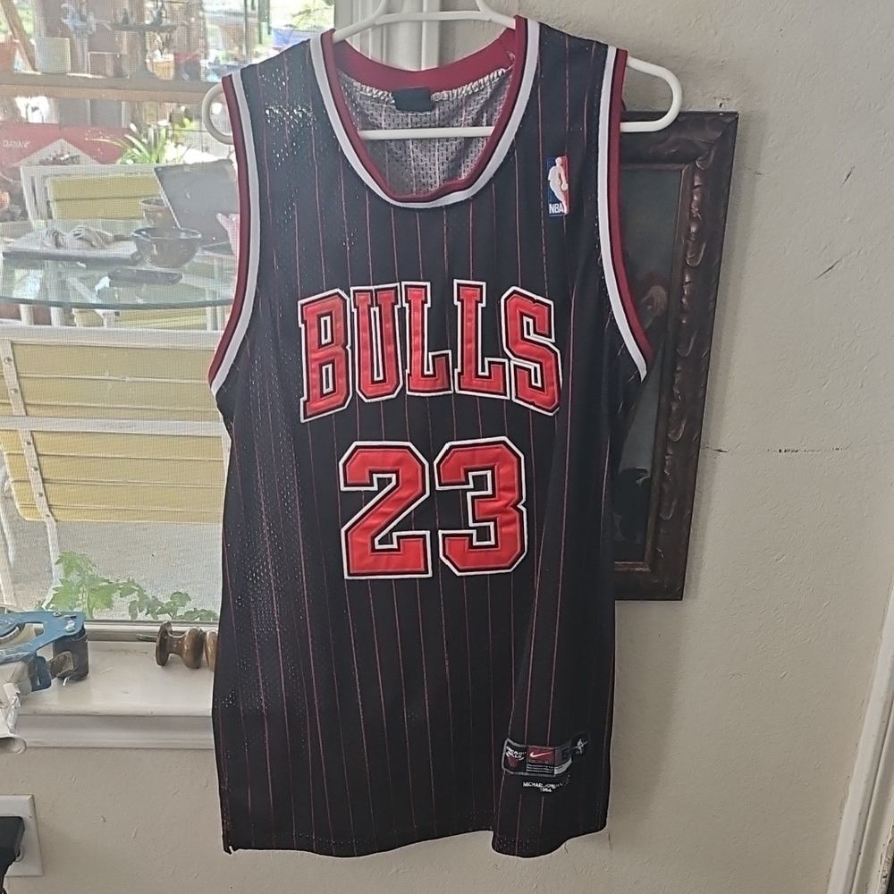 Chicago Bulls 23 Michael Jordan 1984 Nike Flight 8403 Black Pinstripe Jersey 54